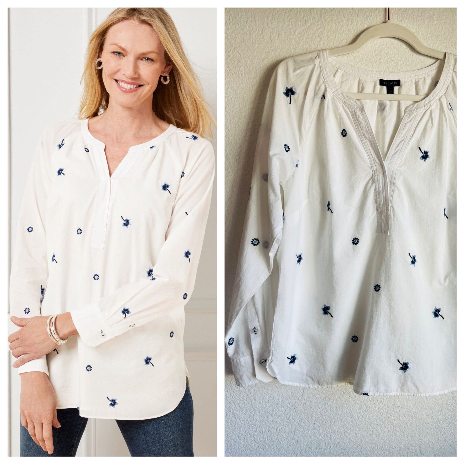 Talbots Embroidered Long Sleeve Popover In Tossed Ditsy Blue Floral Size Small